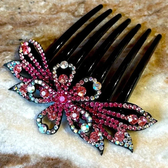 Boutique Accessories - Dark Pink, Light Pink & AB Ombre Floral Crystal Rhinestone Hair Comb Large Size
